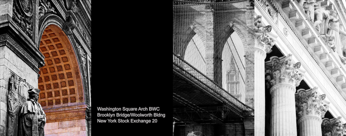 Washington Square Arch, Brooklyn Bridge / Woolworth Building, NY Stock Exchange